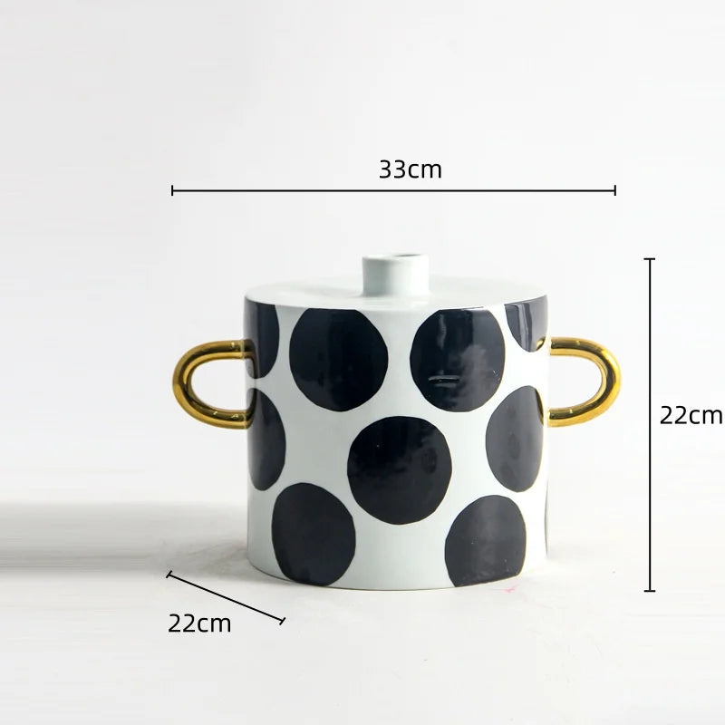 Afralia™ Black and White Dots Geometric Ceramic Vase: Home Decoration Handicraft Ornament