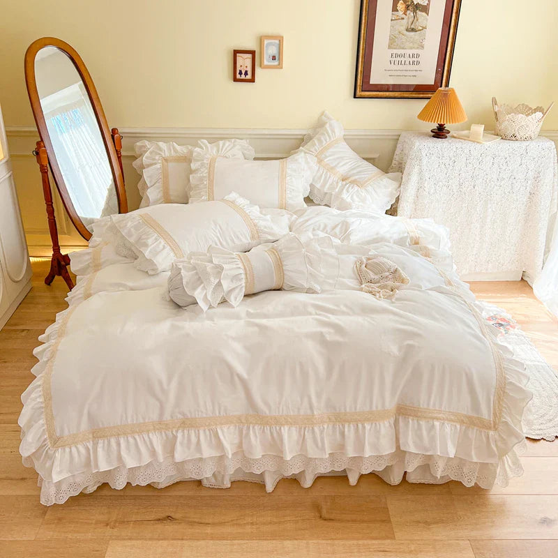 Afralia™ French Vintage Ruffles Embroidery Bedding Set, Cream White, 100% Cotton, Quilt Cover