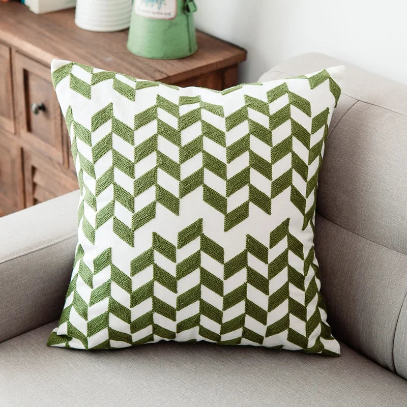 Afralia™ Green Geometric Canvas Cotton Embroidered Cushion Cover 45x45cm