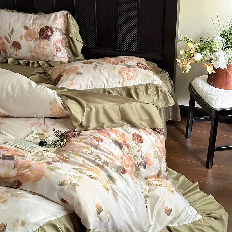 Afralia™ French Vintage Ruffles Bedding Set in Egyptian Cotton with Flowers Prints