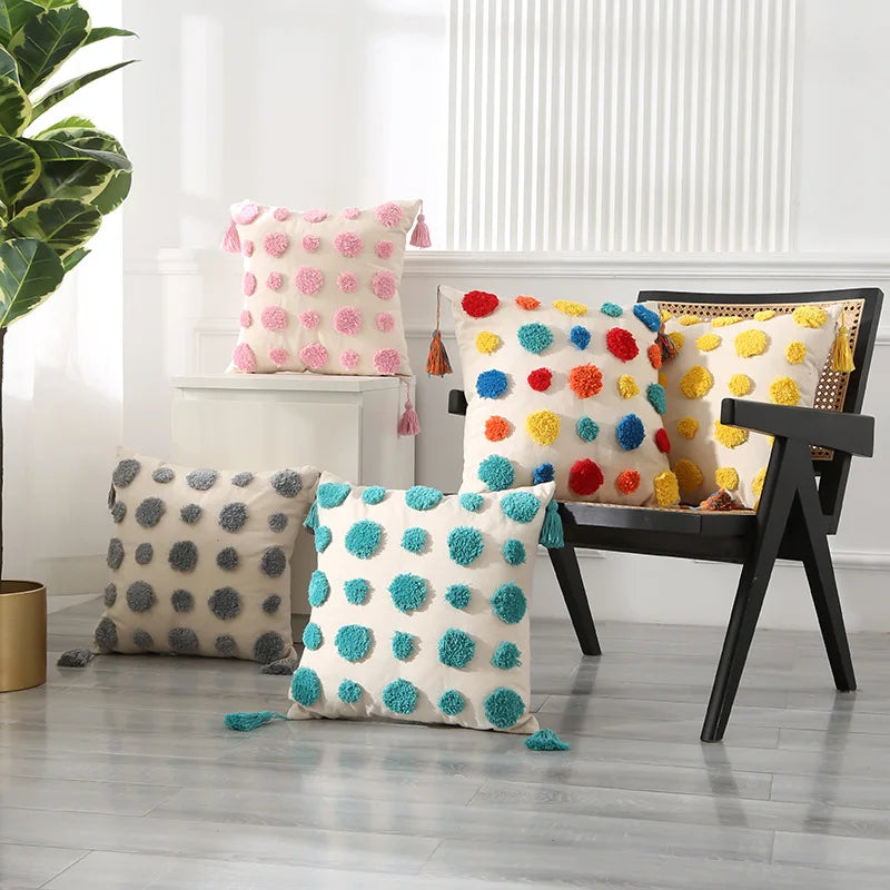 Afralia™ Polka Dot Tufted Cushion Cover with Boho Tassels - Soft Cotton Canvas Pillow Case