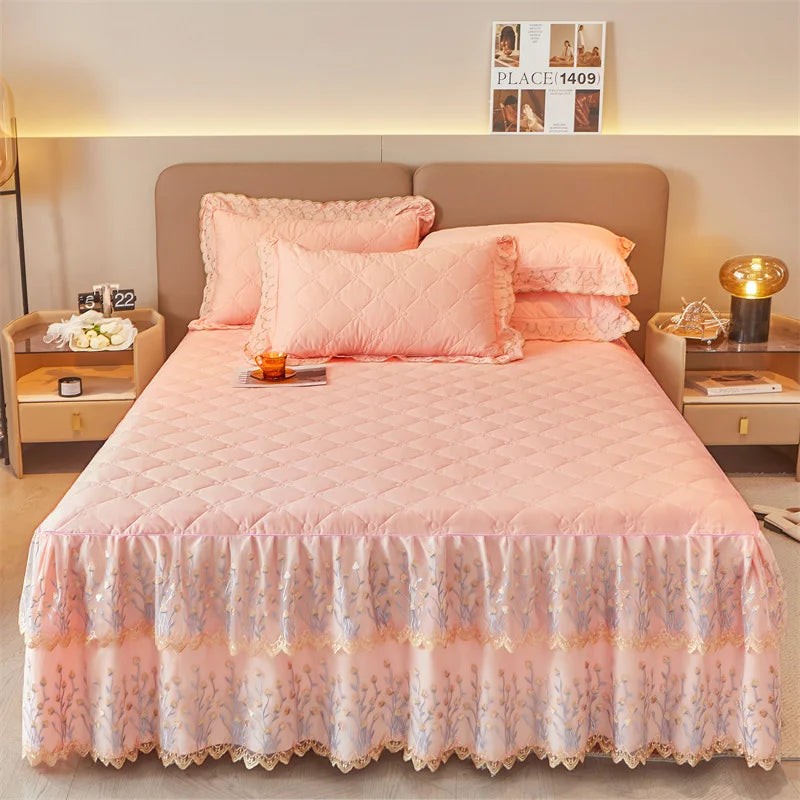 Afralia™ Cotton Lace Ruffles Quilted Bed Skirt Set with Pillowcases