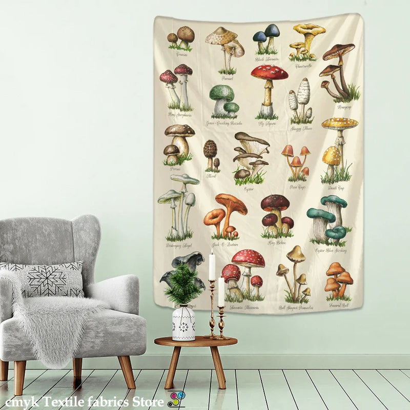 Mushroom Oil Painting Tapestry Wall Hanging by Afralia™ - Boho Tropical Plants Art