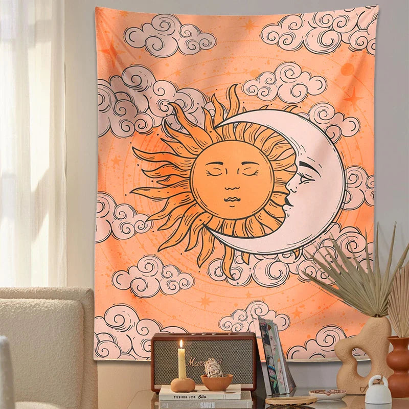 Celestial Sun Moon Tapestry: Vintage Witchy Goddess Print for Retro 70s Vibes by Afralia™