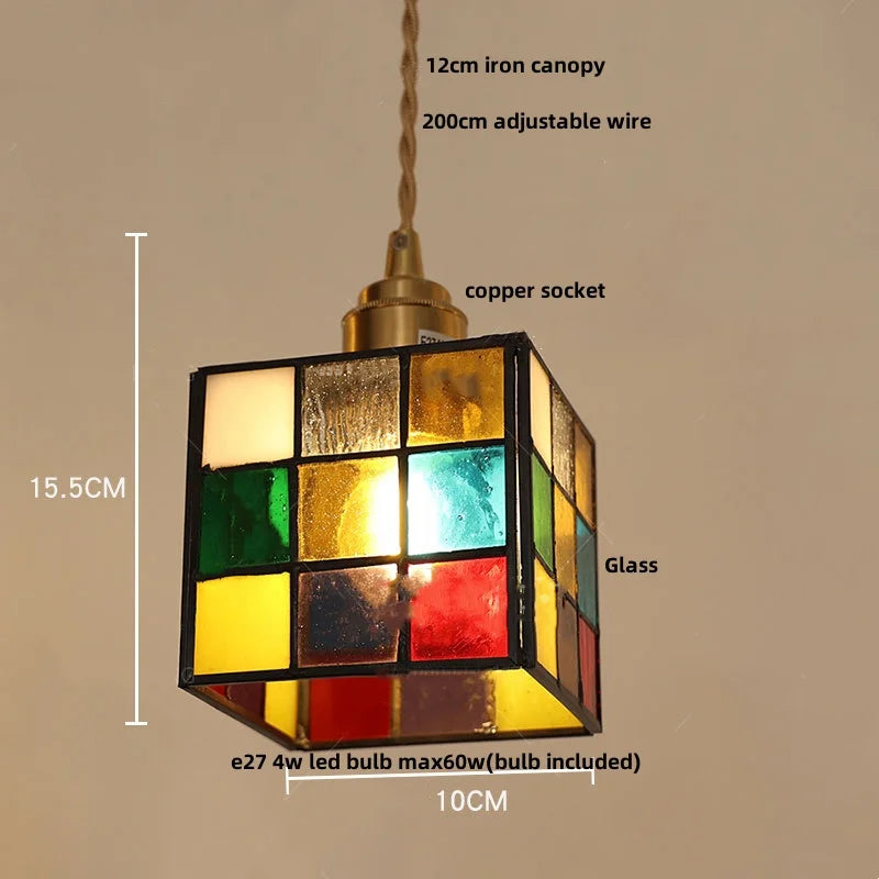 Afralia™ Rubik's Cube LED Pendant Lamp - Walnut Wood Colorful Glass Hanging Lights