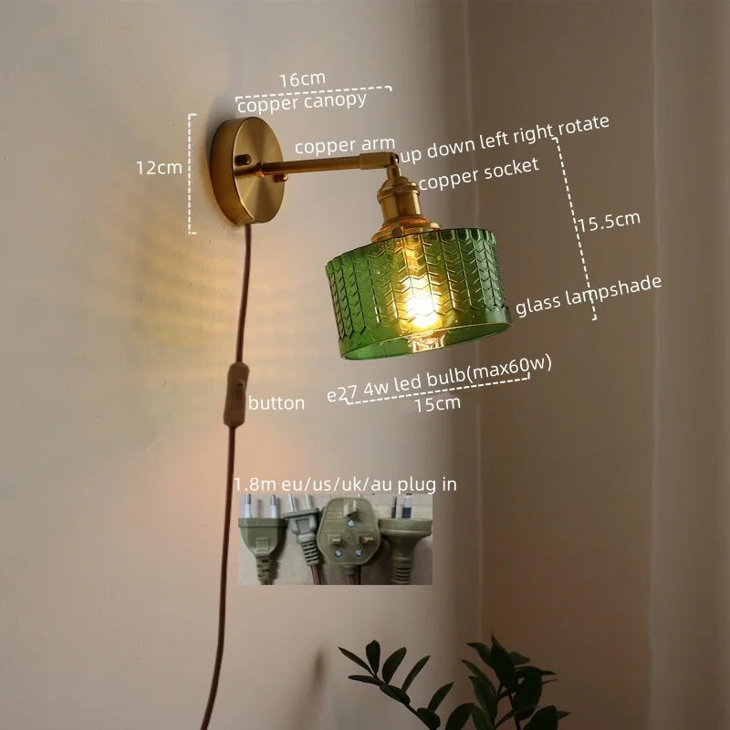 Afralia™ Retro Copper Glass LED Wall Lamp with Pull Chain Switch for Living Room