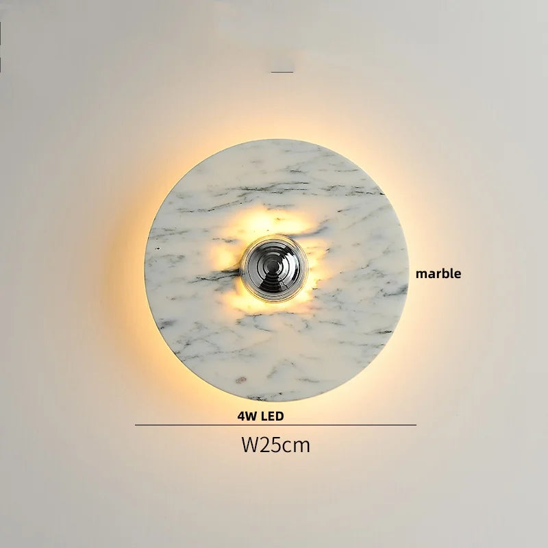 Afralia™ Round Black Iron LED Wall Lamp Bulgari Marble White Glass Stair Light