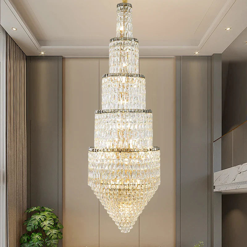 Afralia™ Crystal Hollow Long Chandelier: Elegant Duplex Villa Hall Lighting