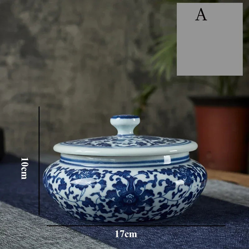 Afralia™ Blue Flower Ceramic Tea Caddy Jar - Living Room Decor or Home Ornament