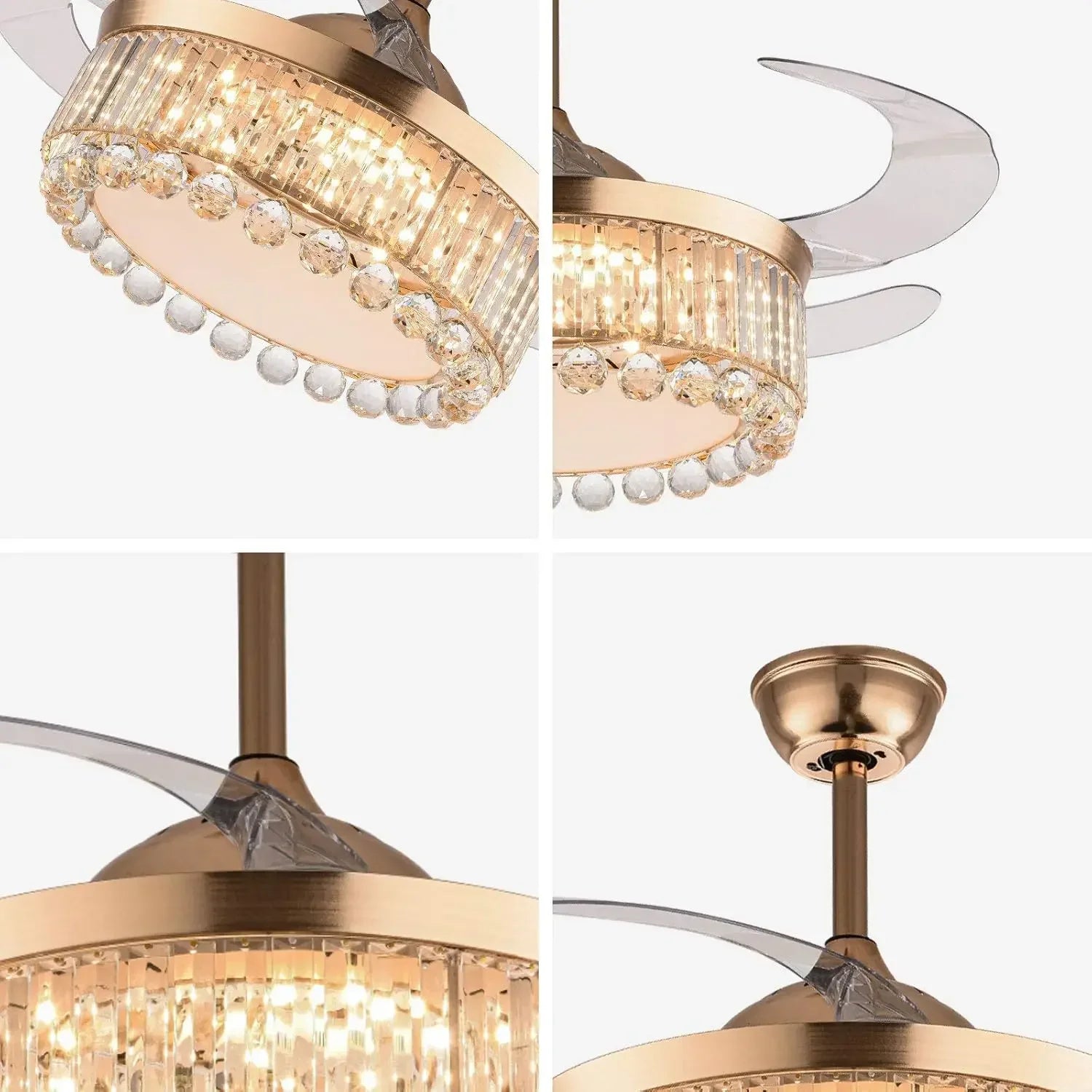 Afralia™ Gold Crystal Ceiling Fan Lights with Remote Control and Retractable Blade