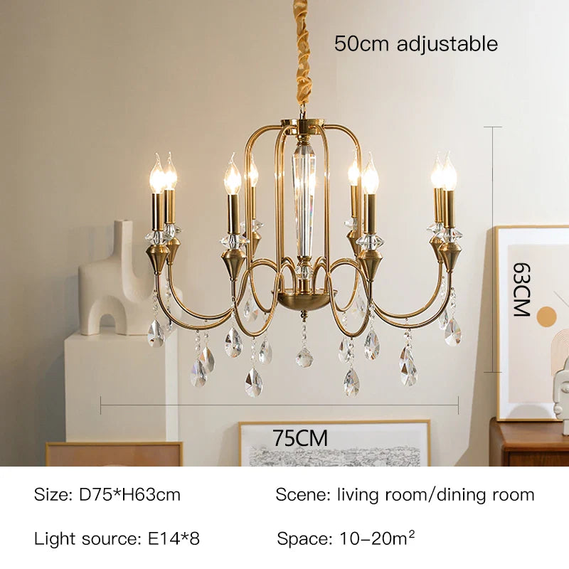 Afralia™ Luxury Copper Crystal Chandelier - Retro Gold Candle Pendant Light