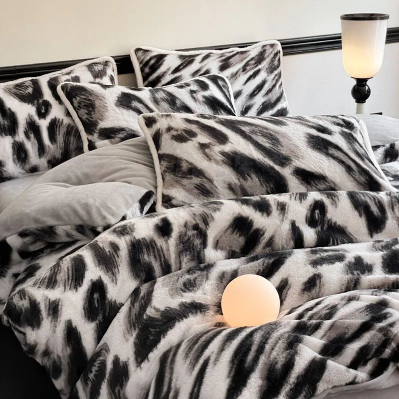 Afralia™ Winter Faux Rabbit Plush Stripe Bedding Set with Milk Velvet Duvet Cover