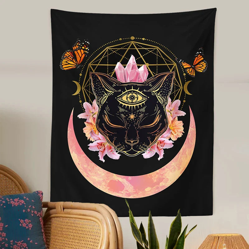 Afralia™ Cat Witch Moon Star Tapestry Wall Hanging - Trippy Psychedelic Wall Decor