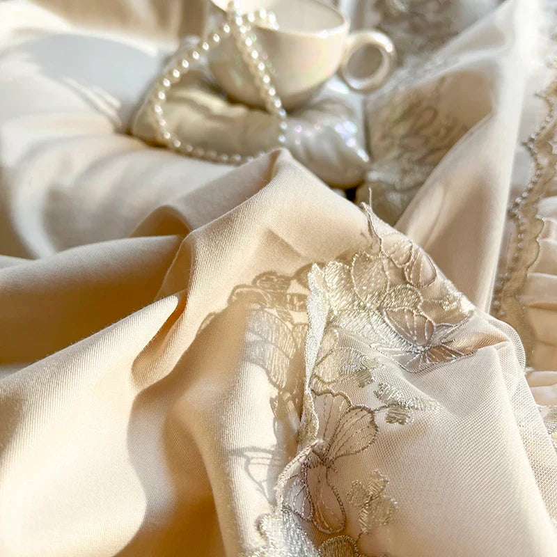 Afralia™ French Princess Cotton Bedding Set with Flower Embroidery and Ruffle Edge