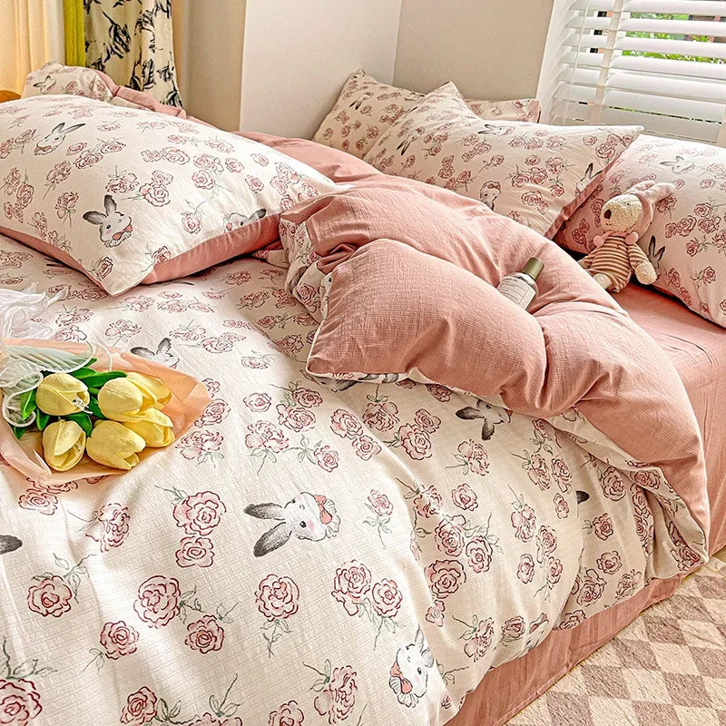 Afralia™ Cotton Flower Printed Comforter Set: Breathable Double-Layer Yarn, Soft Bedding for Girls