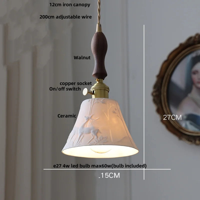 Afralia™ Nordic LED Pendant Light Walnut Wood Green Ceramic Hanging Lamp