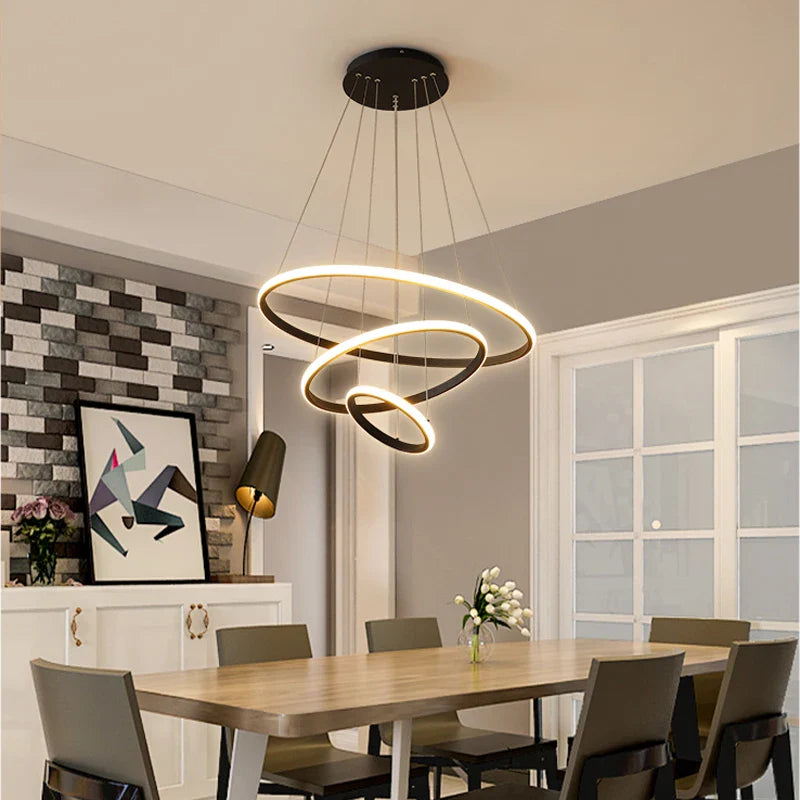 Afralia™ Modern Black LED Rings Circle Ceiling Pendant Chandelier for Living Room