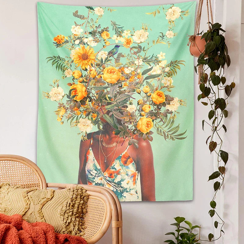 Psychedelic Girl Tapestry Wall Hanging for Bedroom Decor - Afralia™ Green Plant Aesthetics