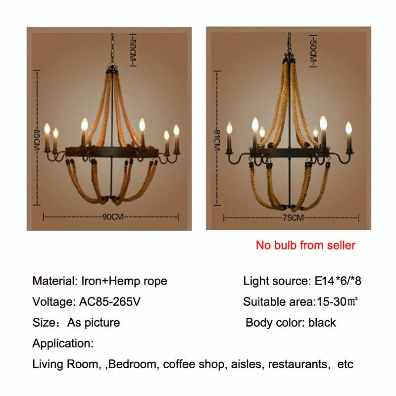 Afralia™ Hemp Rope Ceiling Chandelier Vintage Pendant Lamp for Dining Room & Living Room