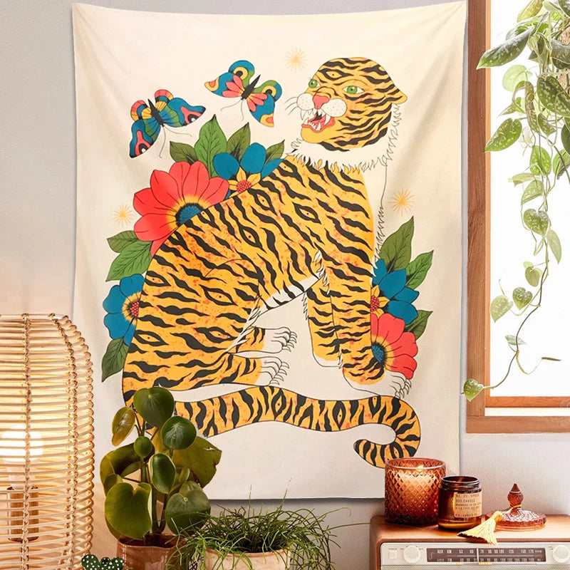 Afralia™ Tiger Tapestry: Hippie Boho Wall Hanging with Floral Butterfly, Psychedelic Animal Art