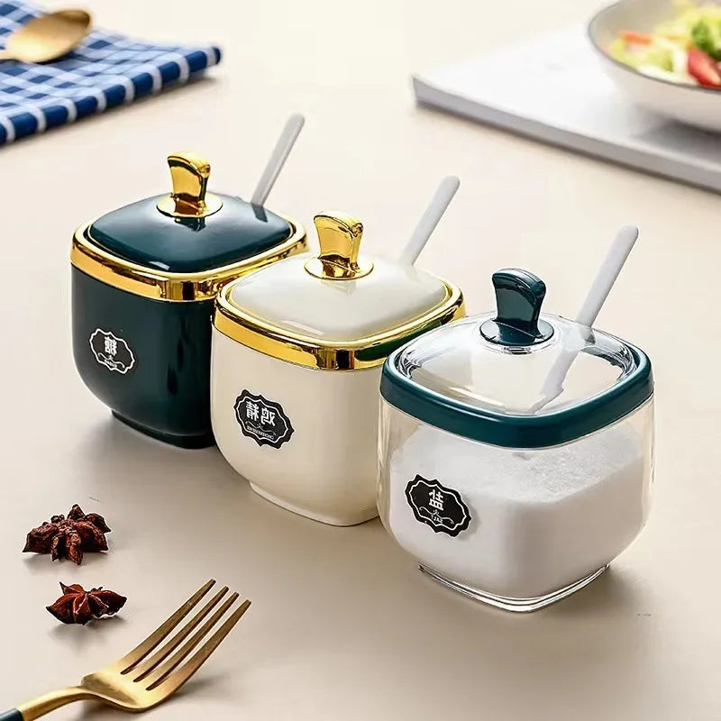 Afralia™ Seasoning Jar Set with Spoon, Shaker, and Sauce Bowl - Kitchen Spice Rack Organizers