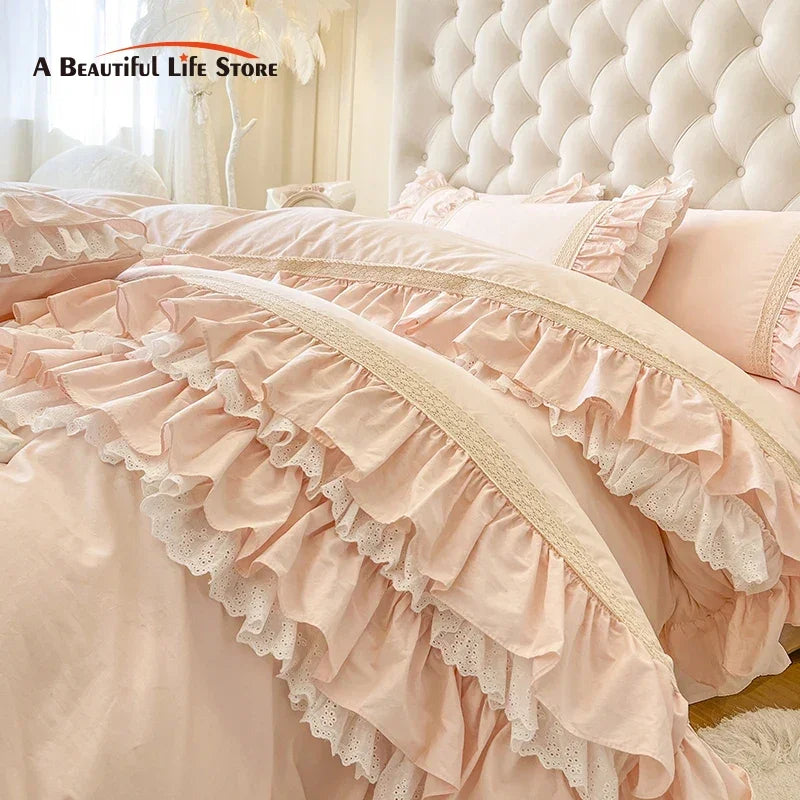 Afralia™ Pink Princess Lace Ruffles Bedding Set - 100% Cotton Double Layer Duvet Cover