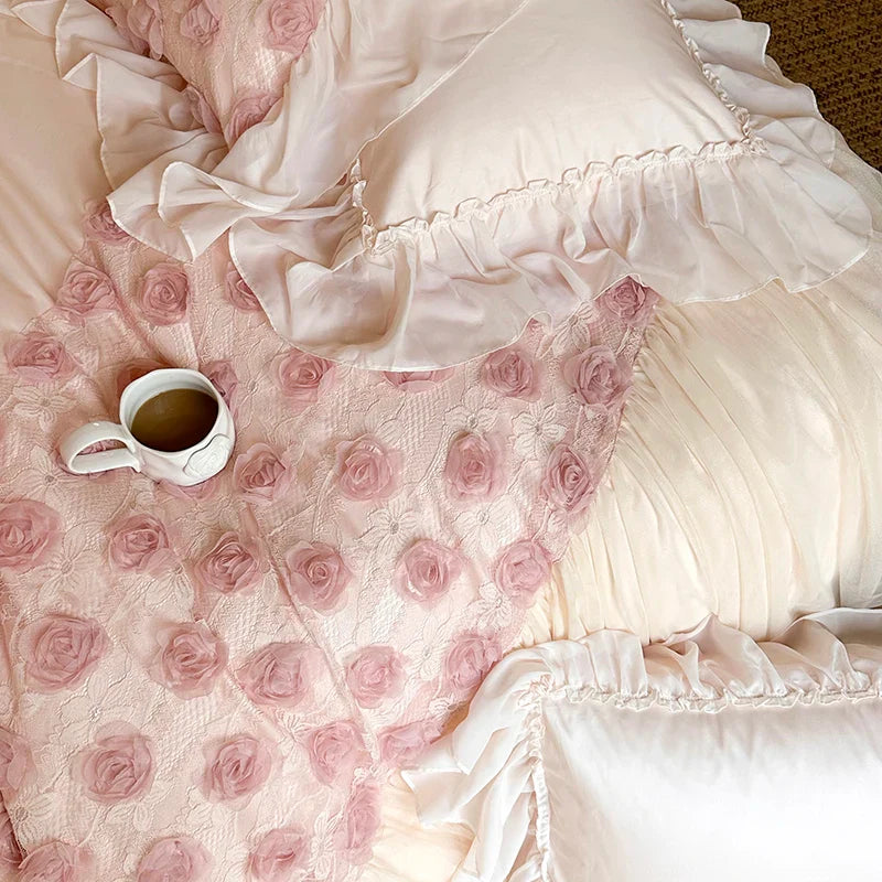 Afralia™ Pink Rose Flowers Lace Ruffles Princess Wedding Bedding Set
