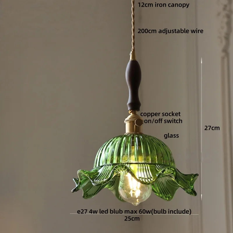 Afralia™ Nordic LED Flower Glass Pendant Light Fixture with Walnut Wood - Amber Glass