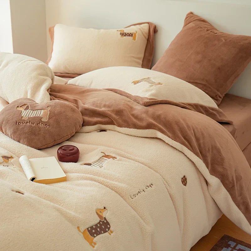 Afralia™ Embroidered Imitation Cashmere Bedding Set for Queen Bed Warm Winter Cozy Set