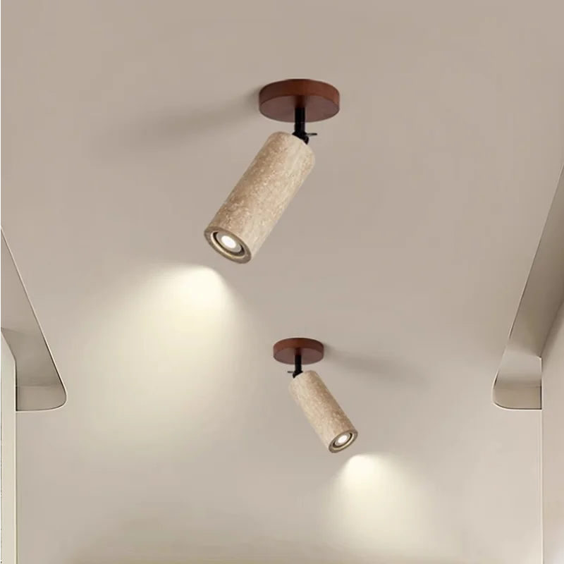 Afralia™ Yellow Travertine LED Ceiling Lamp Wood Base Up Rotate Fixture Plafonnier