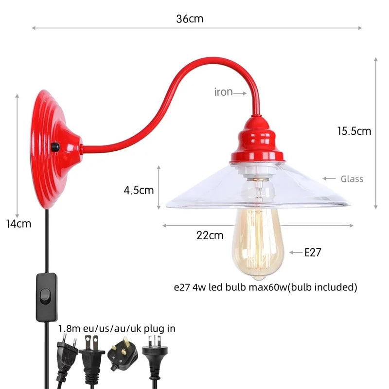 Afralia™ Vintage Loft LED Wall Lamp Red Clear Glass Stair Light