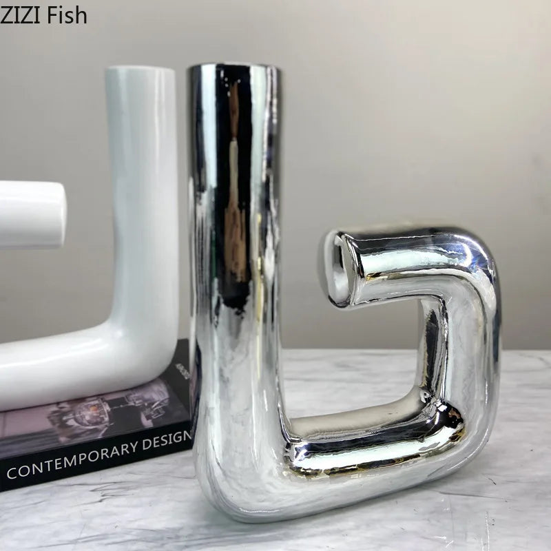 Afralia™ Curved Pipeline Ceramic Vase for Abstract Decorative Flowers Arrangement