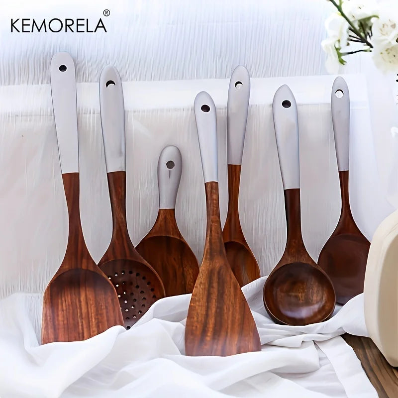 Afralia™ 7-Piece Thai Wooden Cooking Utensil Set | Eco-Friendly Kitchen Tableware