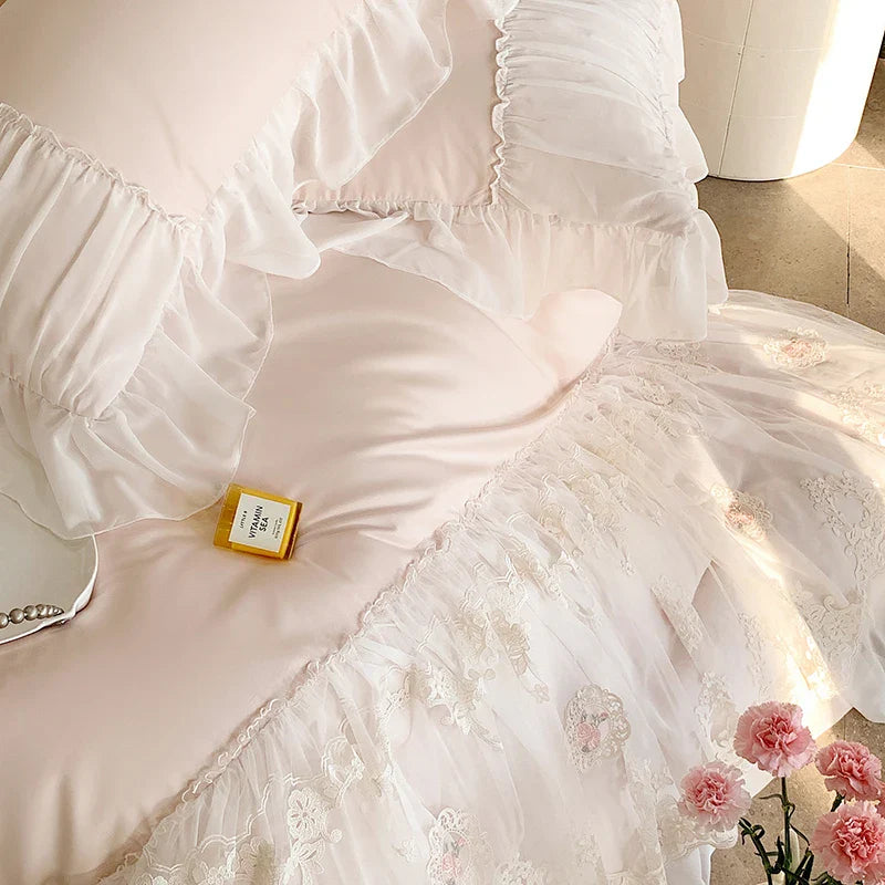 Afralia™ French Lace Ruffles Princess Wedding Bedding Set - 4Pcs 1000TC Cotton - Duvet, Sheet, Pillowcases