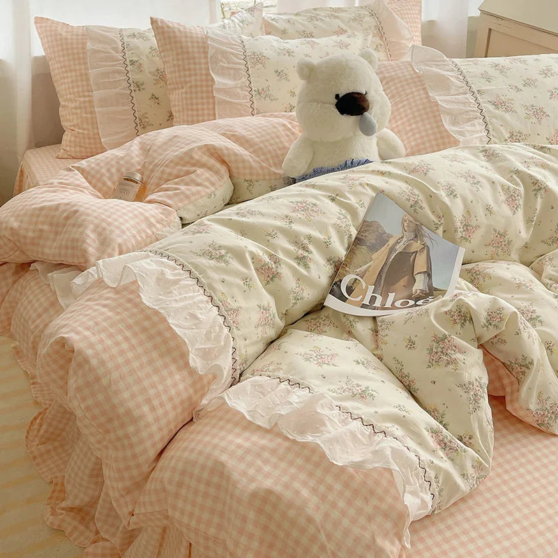 Afralia™ Cotton Small Florals Princess Bedding Set - Queen Size - Duver Cover Bed Sheet Bed Skirt Pillowcases