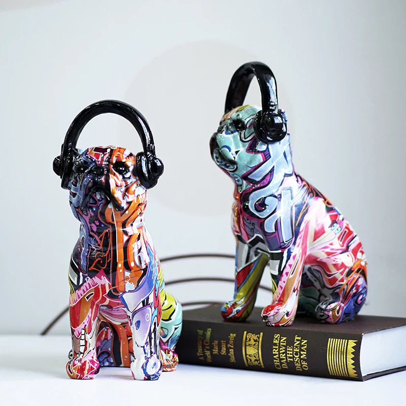 Afralia™ Bulldog Headphone Figurines: Resin Graffiti Art Dog Statue Desktop Decor