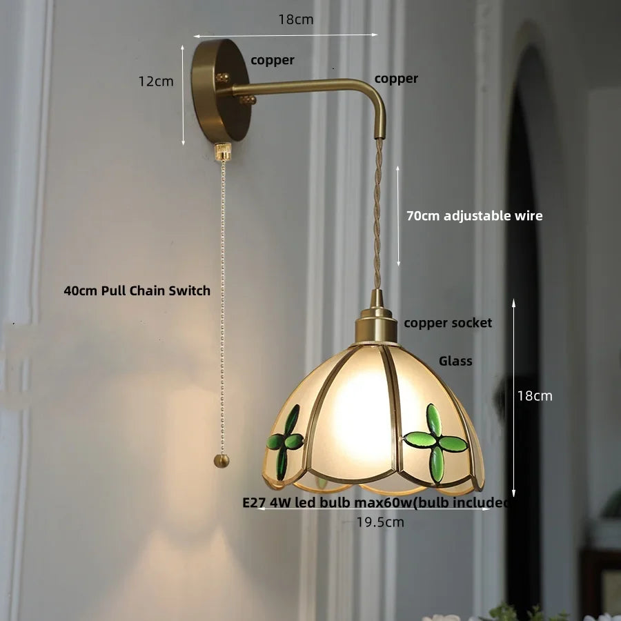 Afralia™ Tiffany Glass LED Wall Sconce Pull Chain Switch Bedroom Foyer Lamp