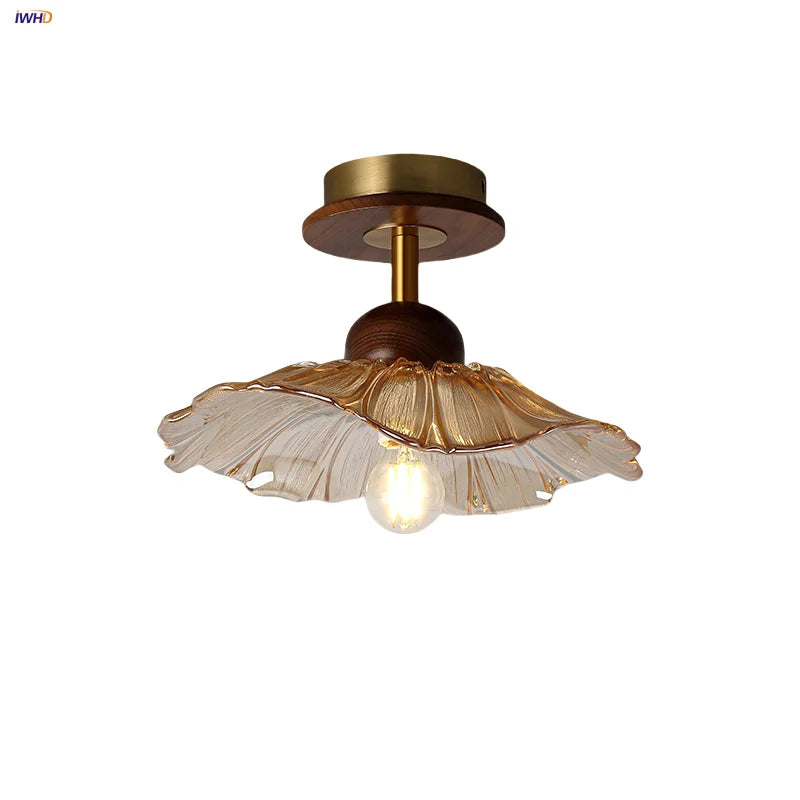 Afralia™ Round Wood Copper Amber Glass Ceiling Lamp
