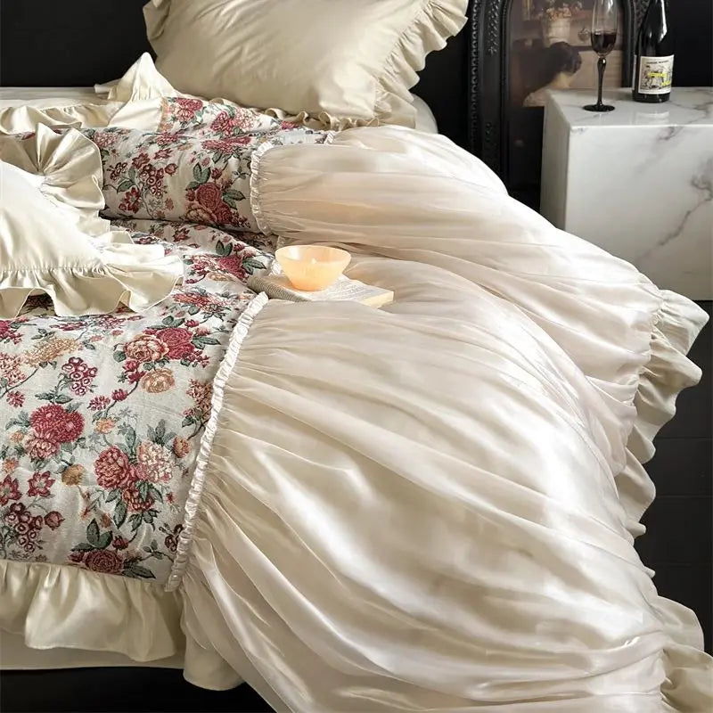 Afralia™ Chic Flowers Jacquard Cotton Bedding Set with Ruffles