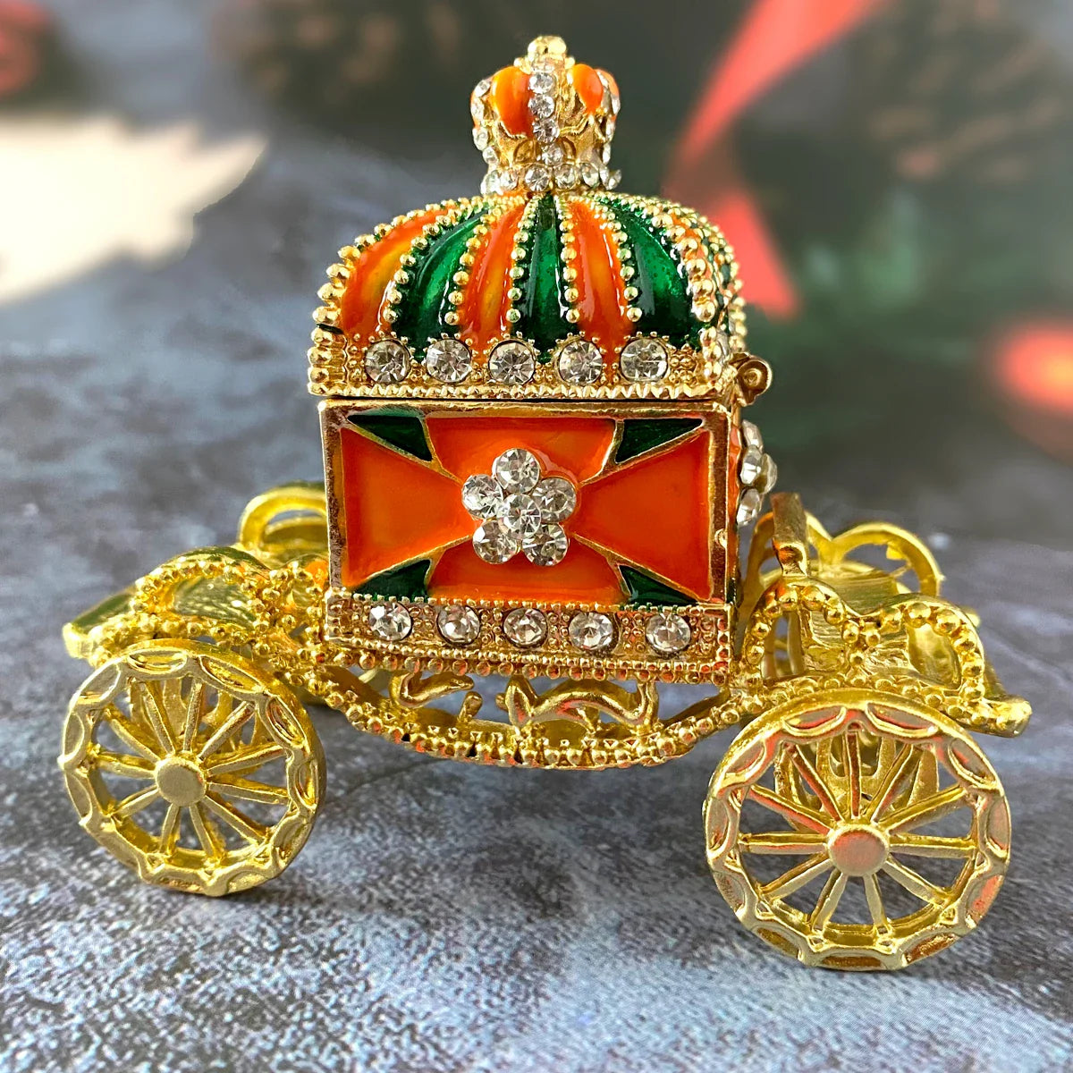 Afralia™ Enamel Crown Jewelry Box Carriage Figurine Wedding Ring Holder Shrine Home Decor