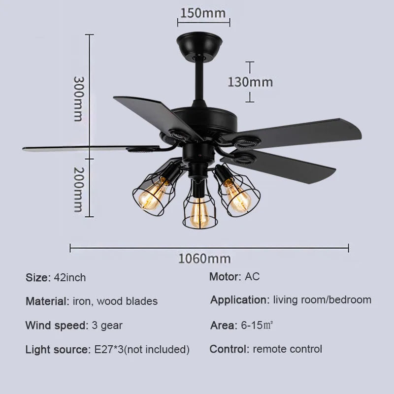 Afralia™ Retro Wooden Blades Ceiling Fan Light: American Style Iron Silent LED Chandelier