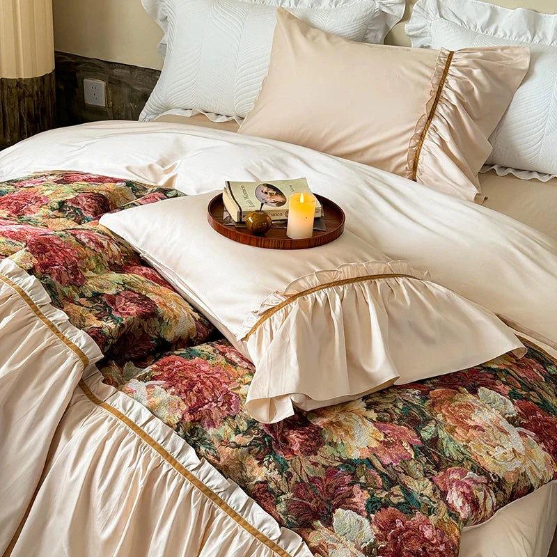 Afralia™ 100S Cotton Vintage Jacquard Lace Ruffles Print Bedding Set