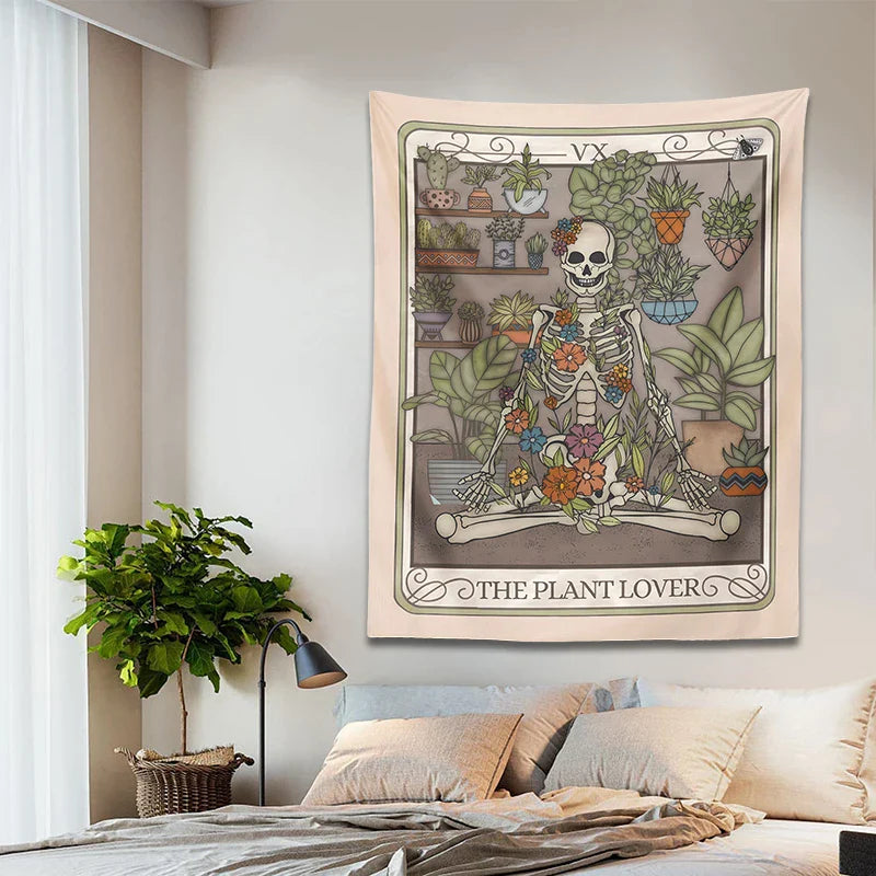 Afralia™ Plant Lover Tarot Card Tapestry | Botanical Skeleton Witch Wall Hanging