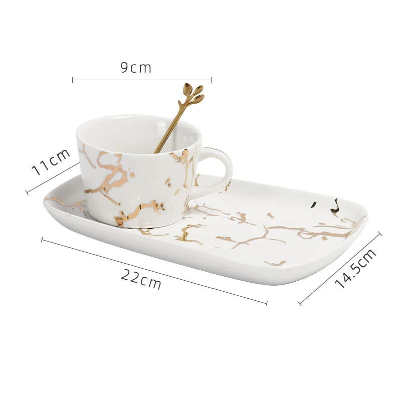 Afralia™ Gilded Marble Texture Ceramic Cup & Saucer Set for Dining Table Tea & Coffee