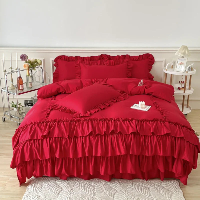 Afralia™ Lace Ruffle Princess Bedding Set with Bed Skirt & Pillowcases