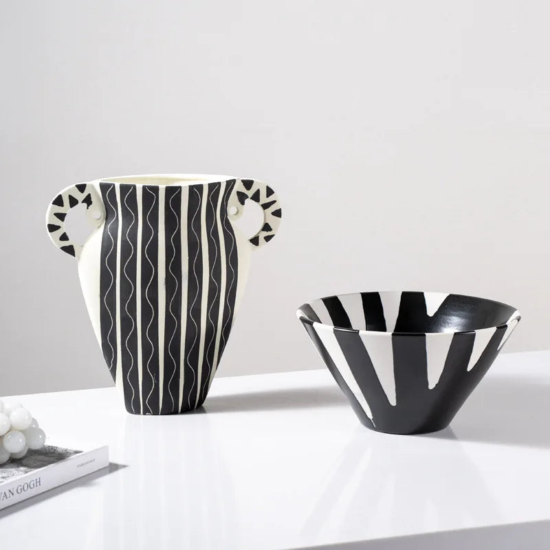 Afralia™ Black Check Geometric Striped Ceramic Vase - Handcrafted Floral Arrangement Pot