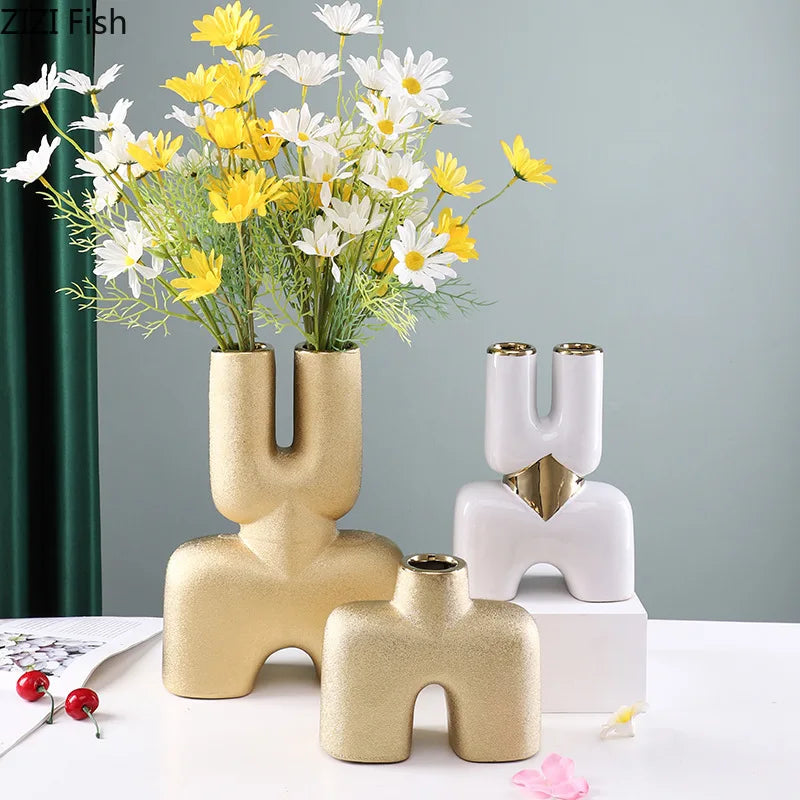 Afralia™ Gold Geometry Ceramic Vase Desk Decoration Modern Floral Room Decor Vase