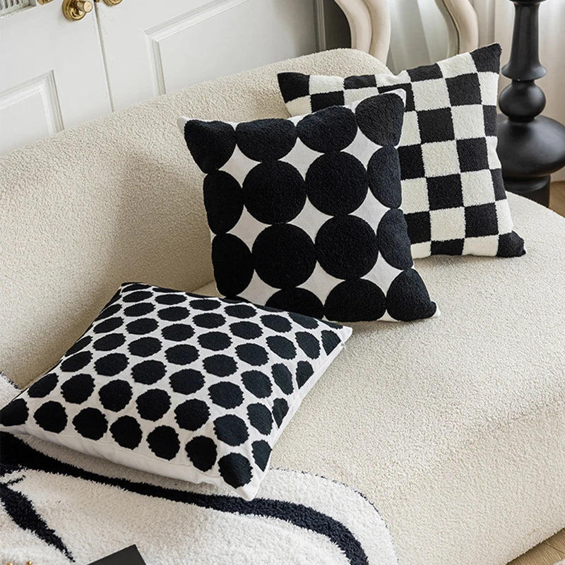 Afralia™ Geometric Plaid Embroidered Cushion Cover Circular Minimalist Home Decor Sofa Pillow