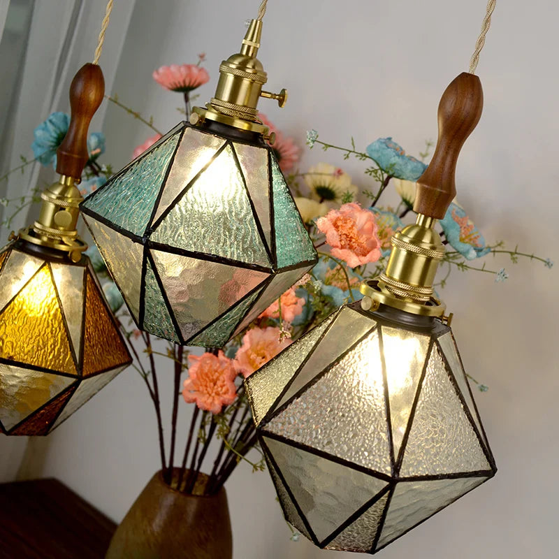 Afralia™ Brass Vintage LED Pendant Light Fixture Walnut Wood Glass Dining Room Lights