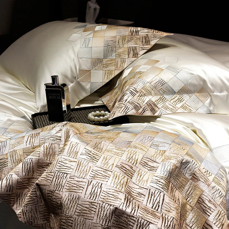 Afralia™ 4-Piece Luxury Embroidery Bedding Set in Pearl White/Grey Satin Brocade Cotton